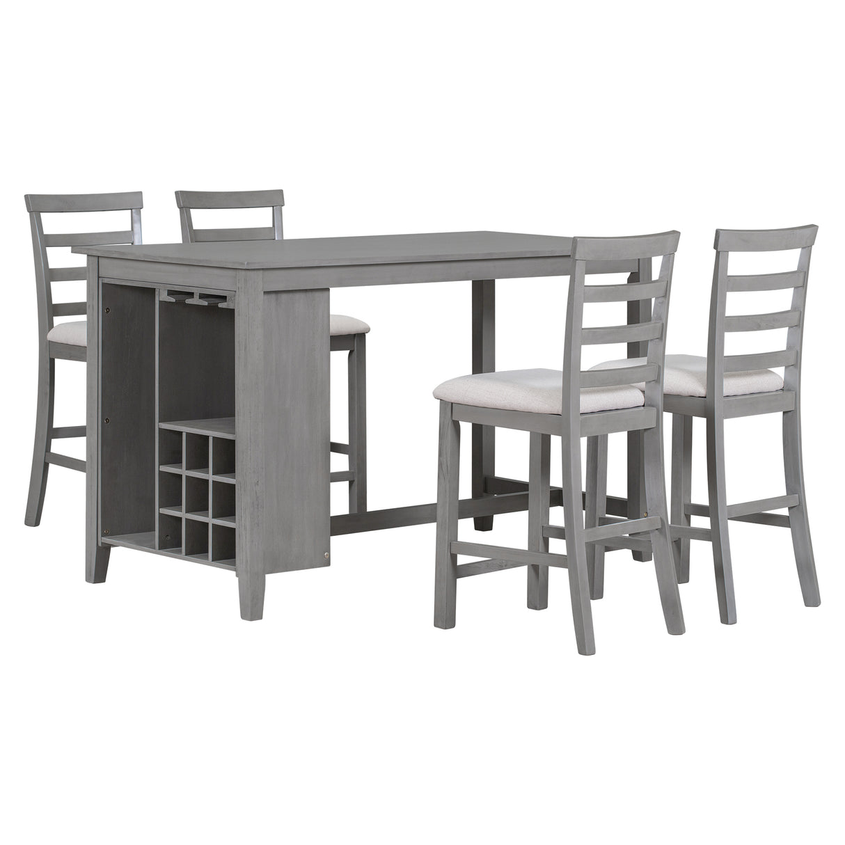 TREXM 5-Piece Multi-Functional Rubber Wood Counter Height Dining Set with Padded Chairs and Integrated 9 Bar Wine Compartment, Wineglass Holders for Dining Room (Gray) - Home Elegance USA