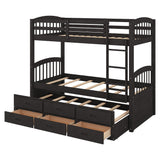 Twin over Twin Wood Bunk Bed with Trundle and Drawers, Espresso - Home Elegance USA