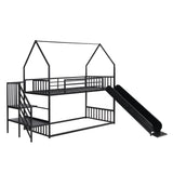 Twin Size Metal Bunk Bed House Bed with Slide and Staircase, Black