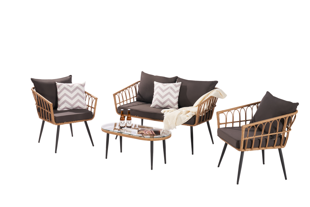 Outdoor Garden Rattan Furniture Sofa Set Wood+ Red 4 Pieces Set