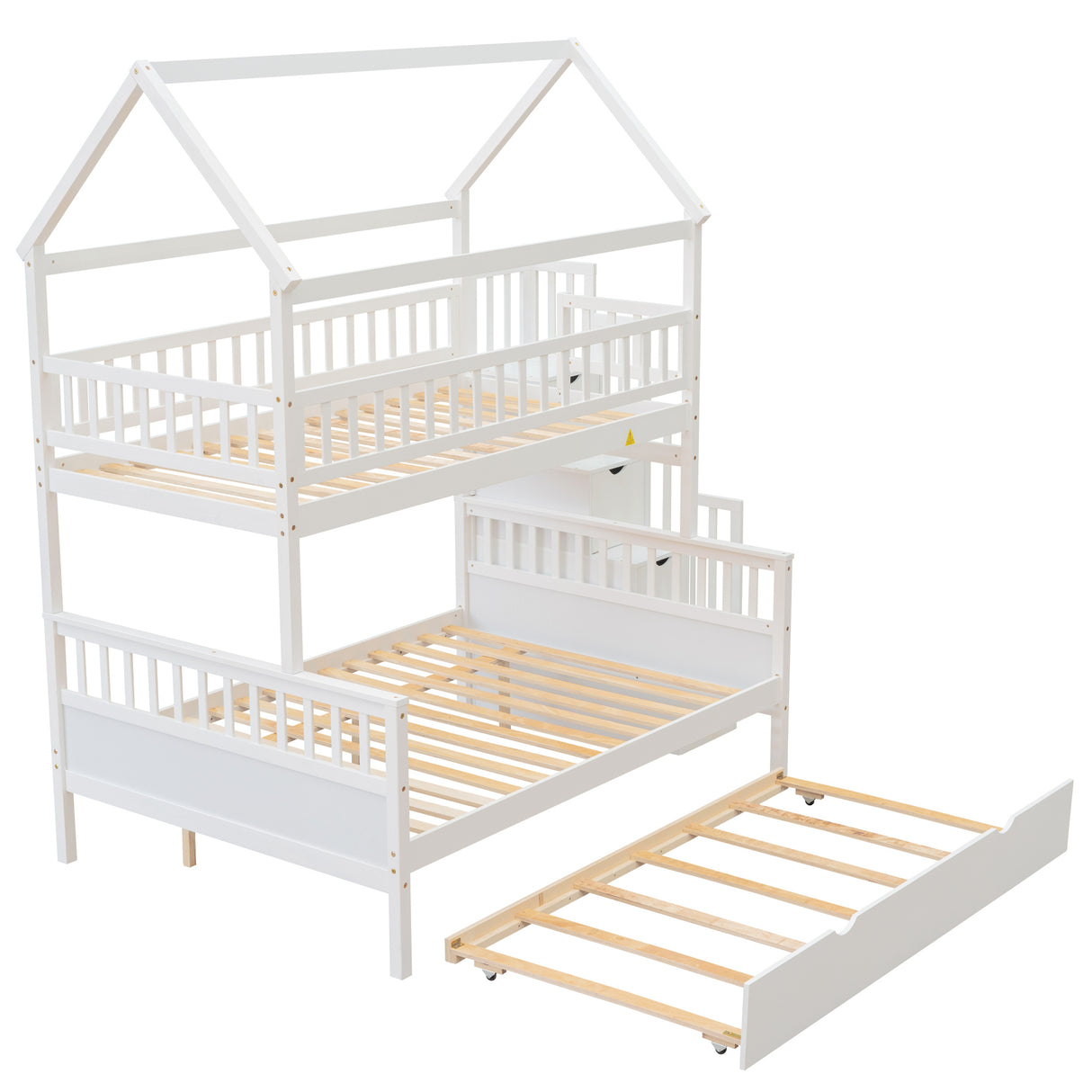 Twin over Full Size House Bunk Bed with Storage Staircase and Trundle,Full-Length Guardrail,White - Home Elegance USA