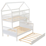 Twin over Full Size House Bunk Bed with Storage Staircase and Trundle,Full-Length Guardrail,White - Home Elegance USA