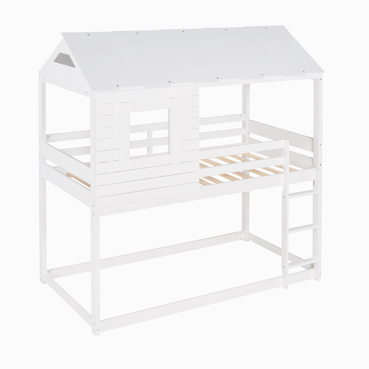 Twin Over Twin Bunk Bed Wood Loft Bed with Roof, Window, Guardrail, Ladder (White) (OLD SKU :LP000062AAK) - Home Elegance USA