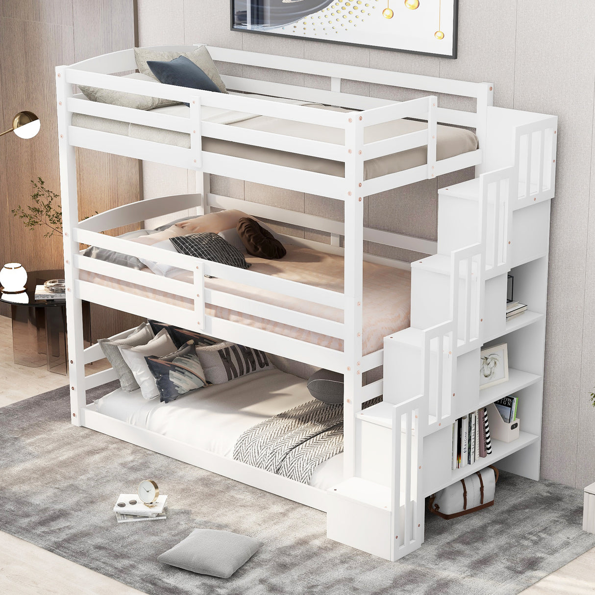 Twin Size Triple Bunk Bed with Storage Staircase,Separate Design,White - Home Elegance USA