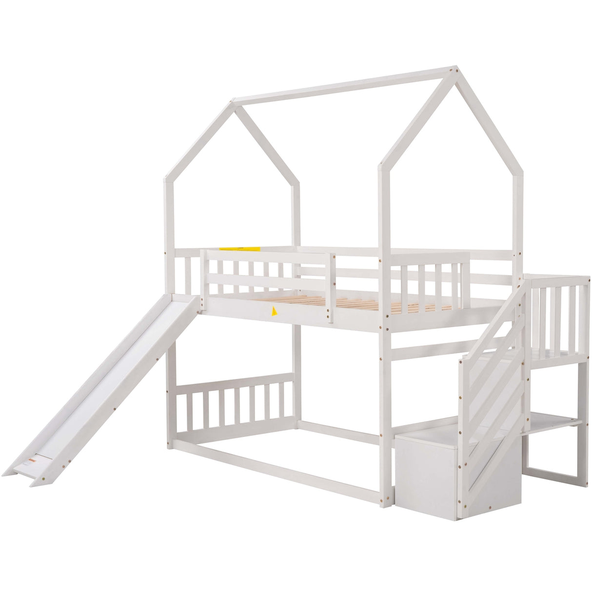 Twin over Twin House Bunk Bed with Convertible Slide,Storage Staircase,White - Home Elegance USA