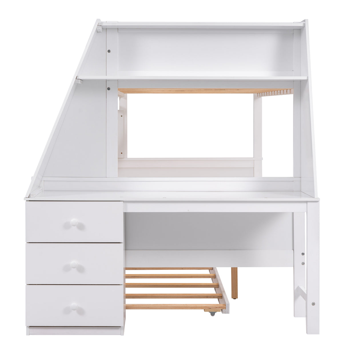 Twin over Full Bunk Bed with Trundle and Built-in Desk, Three Storage Drawers and Shelf,White - Home Elegance USA
