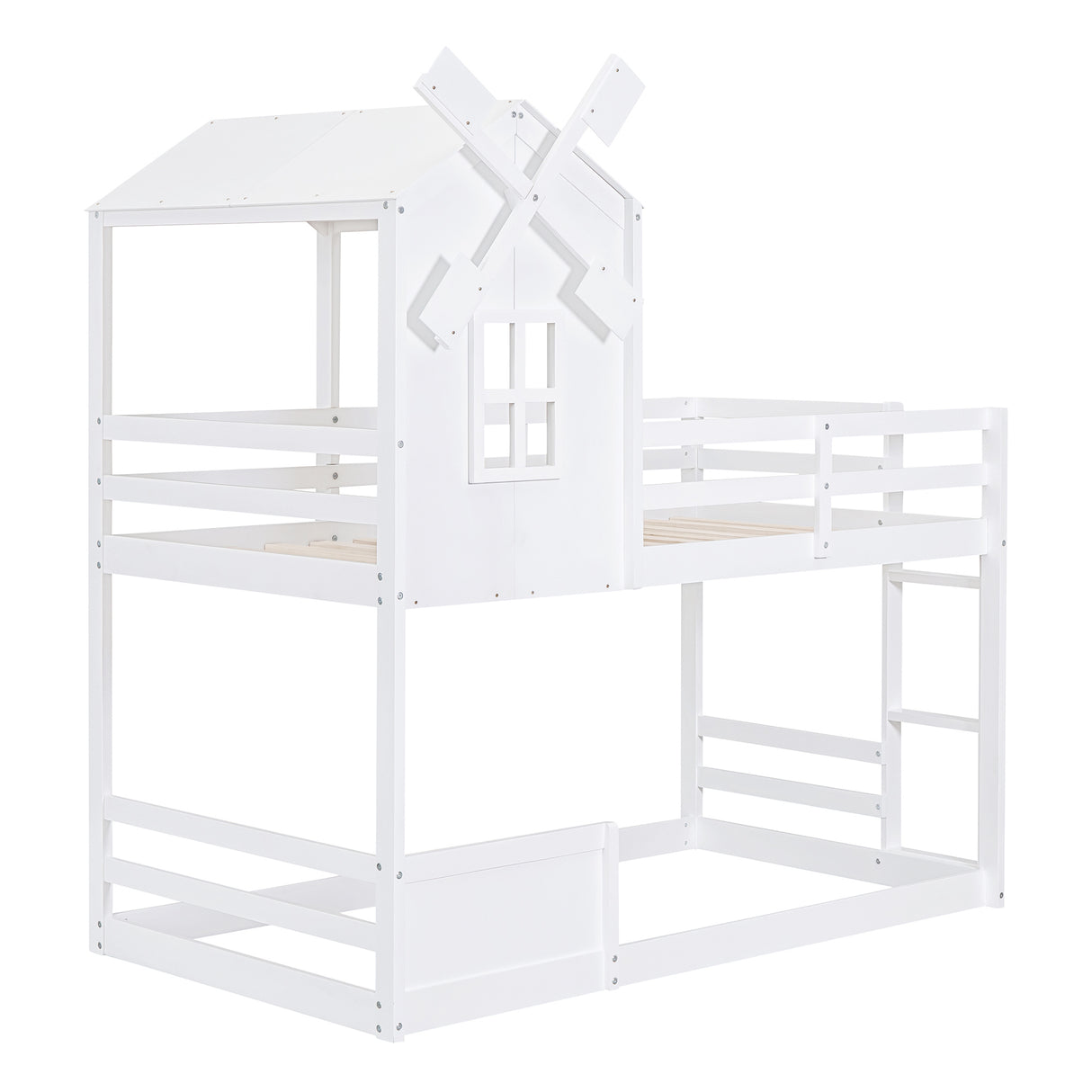 Twin over Twin Bunk Bed with Roof and Window, with Guardrails and Ladder, White - Home Elegance USA