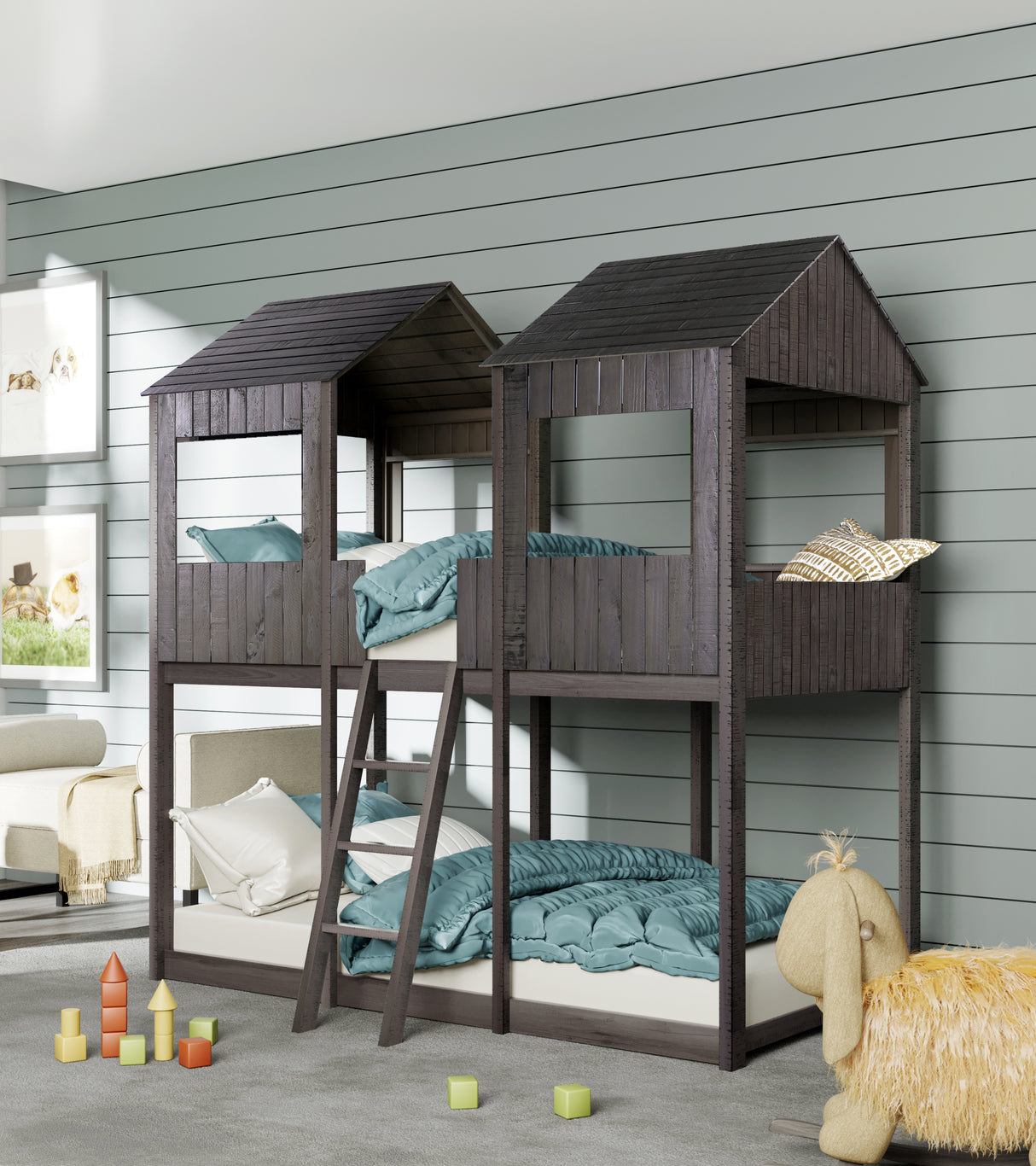 Full Over Full WoodBunk Bed with Roof, Window, Guardrail, Ladder  ( Antique Gray )( old sku: LP000031AAE ) - Home Elegance USA