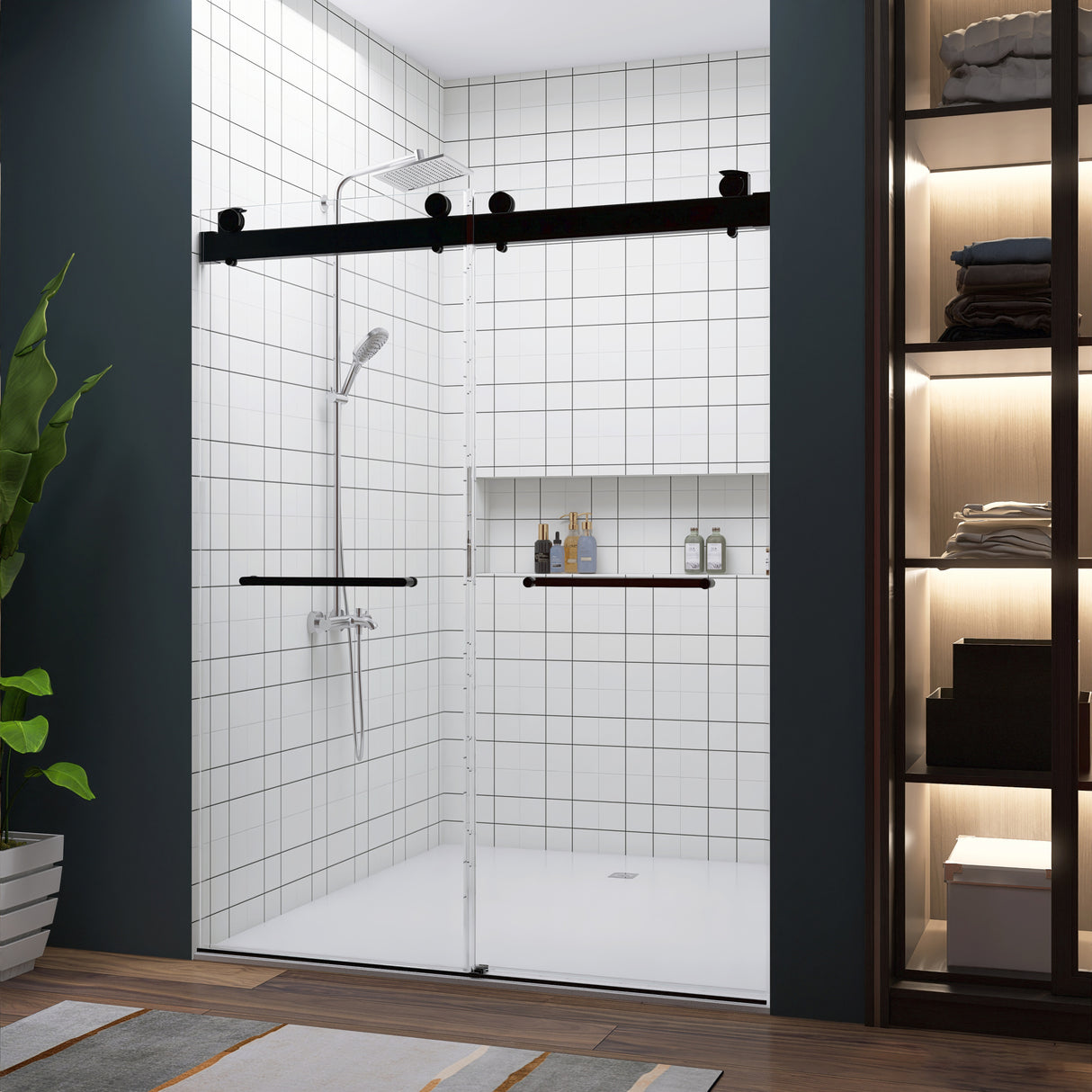 Frameless Double Sliding Shower, 57" - 60" Width, 79" Height, 3/8" (10 mm) Clear Tempered Glass, , Designed for Smooth Door Closing With Upgraded Crashproof System Technology Matte Black Finish