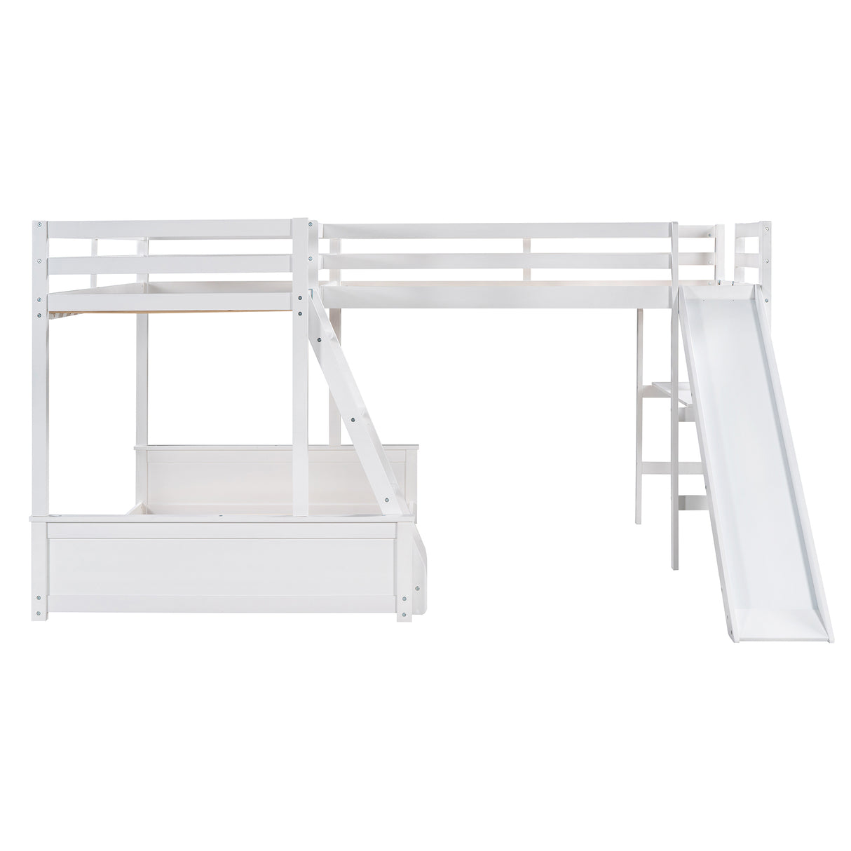 Twin over Full Bunk Bed with Twin Size Loft Bed with Desk and Slide,Full-Length Guardrail, White - Home Elegance USA