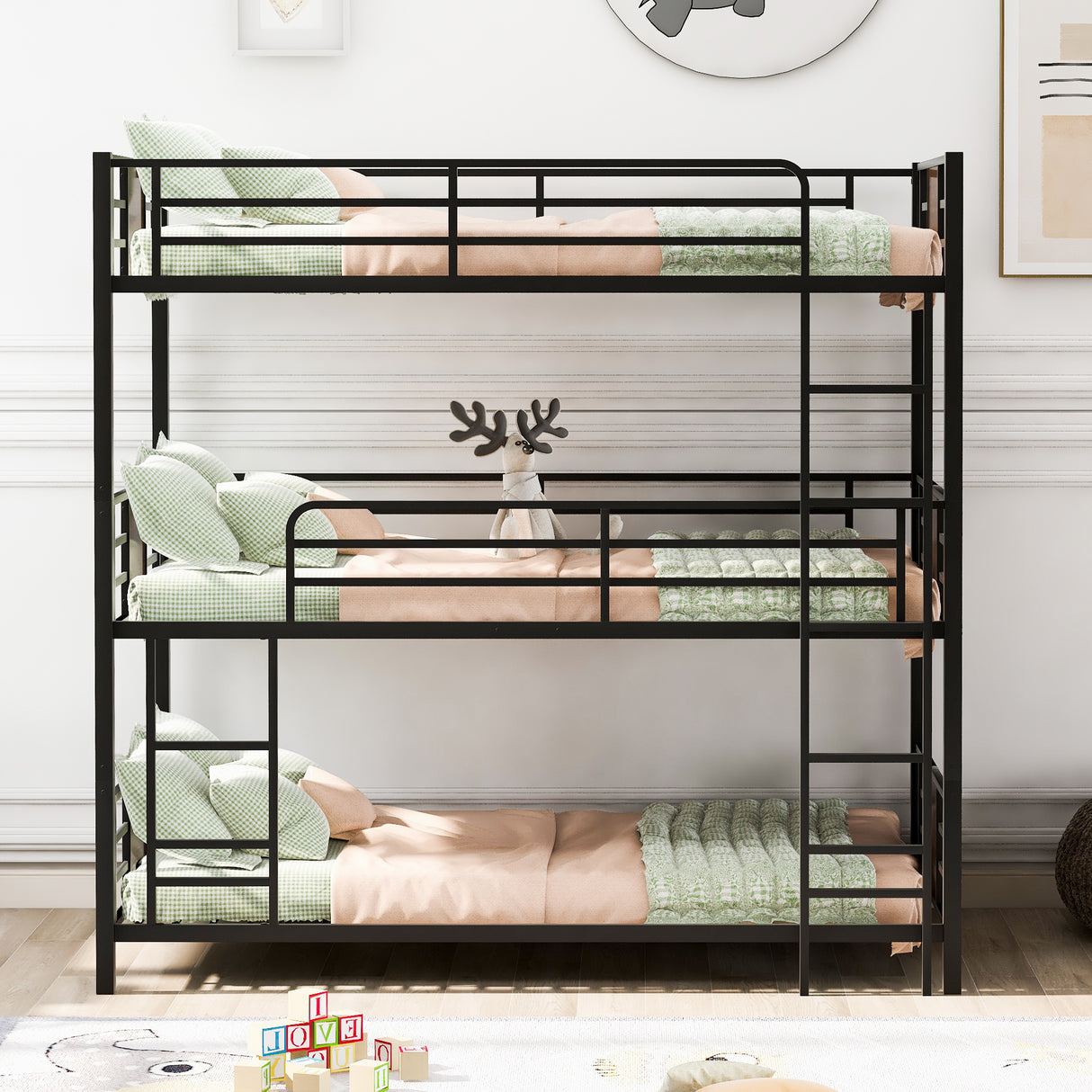 Twin Size Triple Metal Bunk Bed, with Wood Decoration Headboard and Footboard, Gray - Home Elegance USA