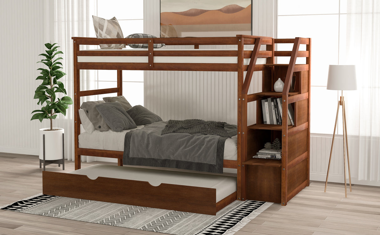 Twin-Over-Twin Bunk Bed with Twin Size Trundle and 3 Storage Stairs,Walnut (OLD SKU :LP000064AAD) - Home Elegance USA