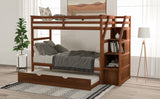 Twin-Over-Twin Bunk Bed with Twin Size Trundle and 3 Storage Stairs,Walnut (OLD SKU :LP000064AAD) - Home Elegance USA