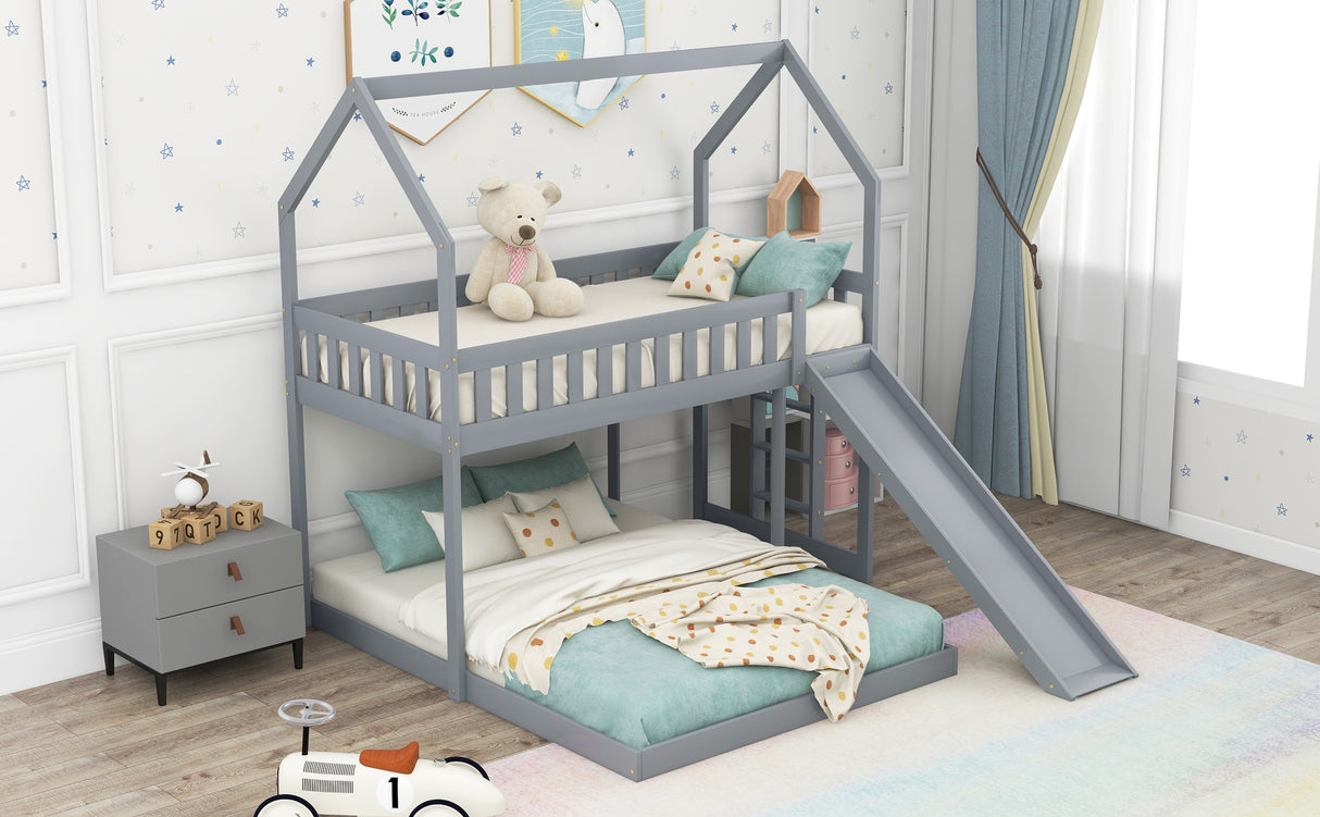 Twin over Full House Bunk Bed with Slide and Built-in Ladder,Full-Length Guardrail,Gray - Home Elegance USA