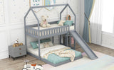 Twin over Full House Bunk Bed with Slide and Built-in Ladder,Full-Length Guardrail,Gray - Home Elegance USA