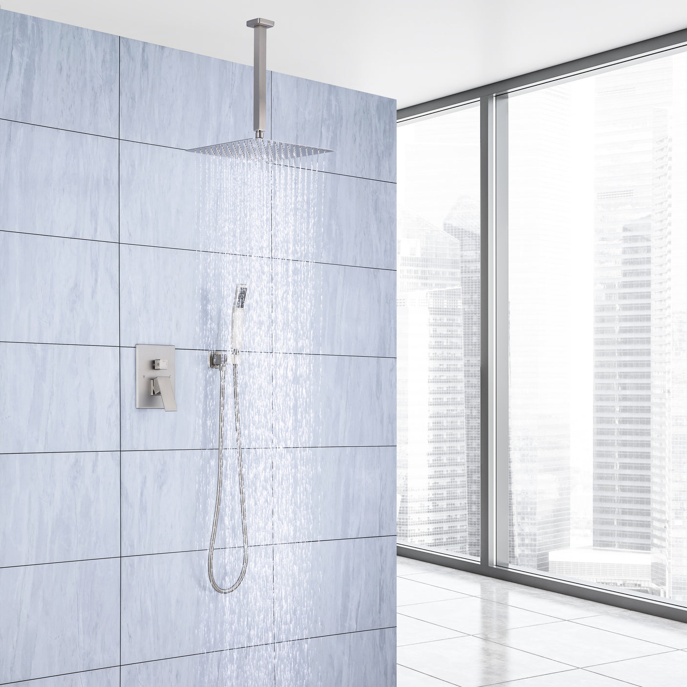 12 inch Ceiling Shower System Brushed Nickel Shower Combo Set for Bathroom, Rainfall Shower Faucet Ceiling Mounted Included Rough in Mixer Valve Body and Trim