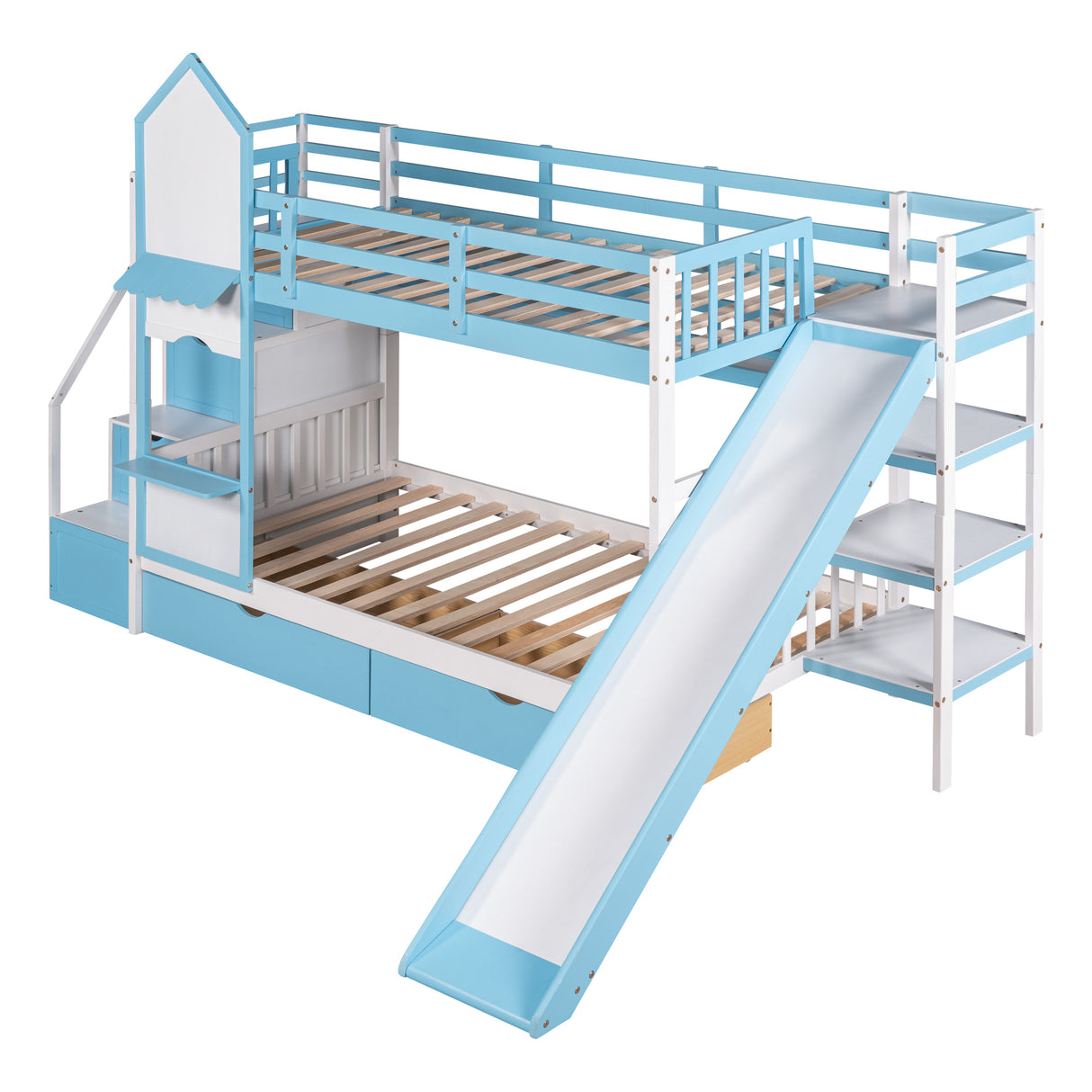 Twin-Over-Twin Castle Style Bunk Bed with 2 Drawers 3 Shelves and Slide - Blue