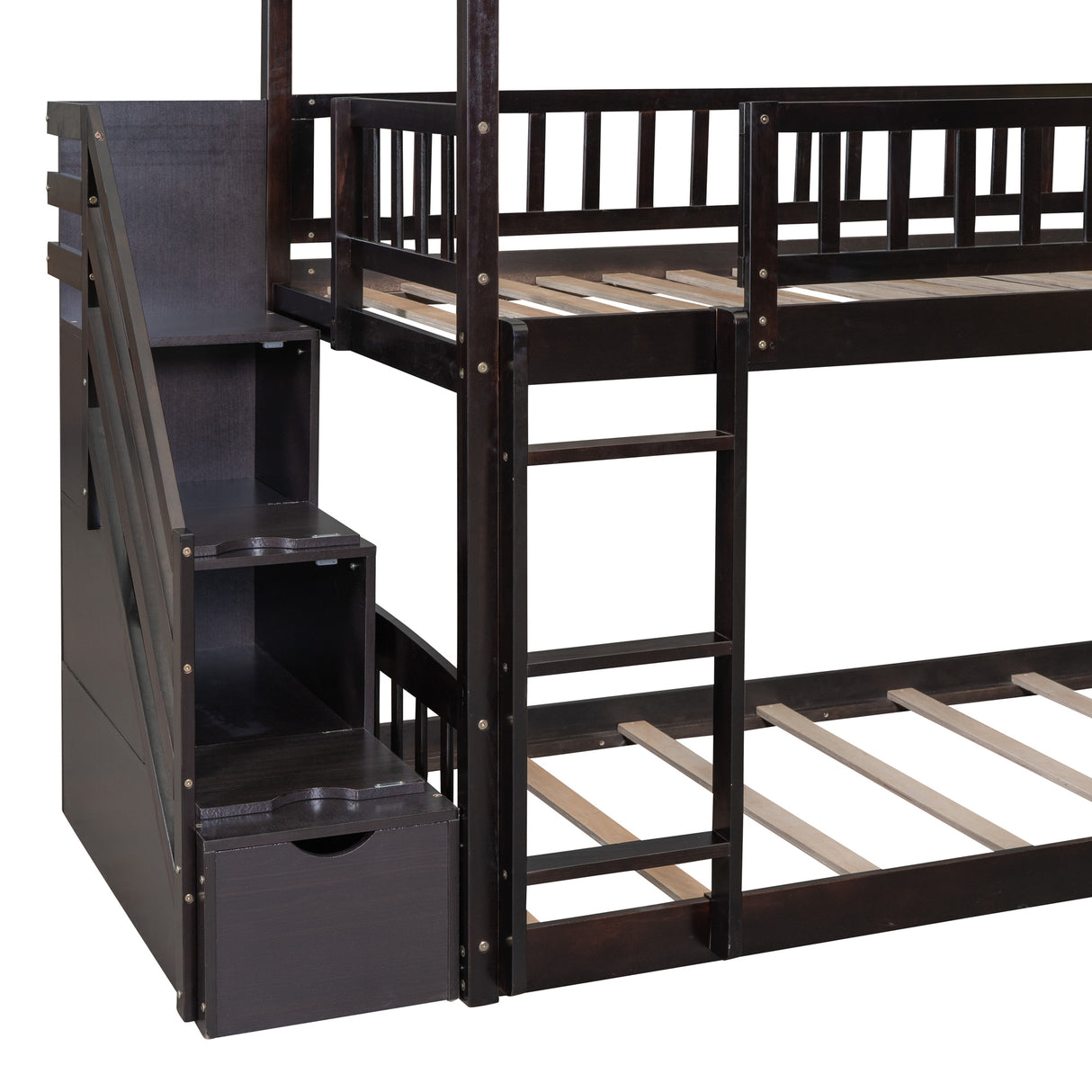 Twin Over Twin Bunk Bed with Drawers and Slide, House Bed with Slide,Espresso(OLD SKU :LT000215AAP) - Home Elegance USA