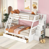 Twin-Over-Full Bunk Bed with Drawers，Ladder and Storage Staircase, White - Home Elegance USA