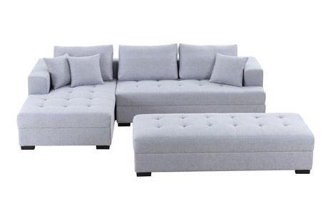 Tufted Fabric 3-Seat L-Shape Sectional Sofa Couch Set w/Chaise Lounge, Ottoman Coffee Table Bench, Light Grey - Home Elegance USA