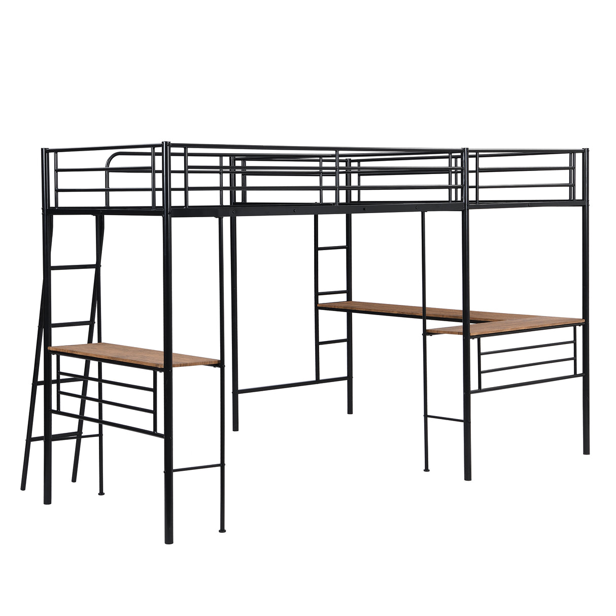 Twin Size Metal Loft Bed with Two Built-in Desks,Black - Home Elegance USA