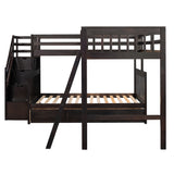 Twin over Full L-Shaped Bunk Bed With 3 Drawers, Ladder and Staircase - Espresso - Home Elegance USA