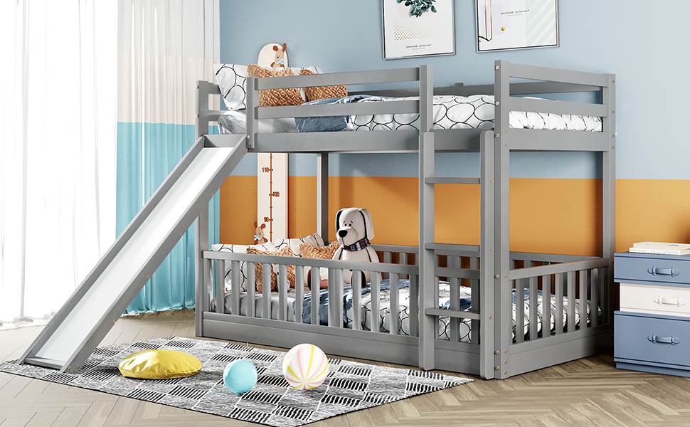 Twin Over Twin Bunk Bed with Slide and Ladder, Gray（Old SKU:LP000009AAE） - Home Elegance USA
