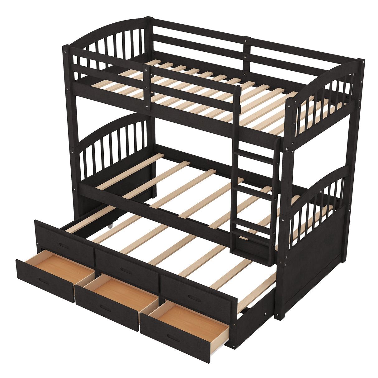 Twin over Twin Wood Bunk Bed with Trundle and Drawers, Espresso - Home Elegance USA