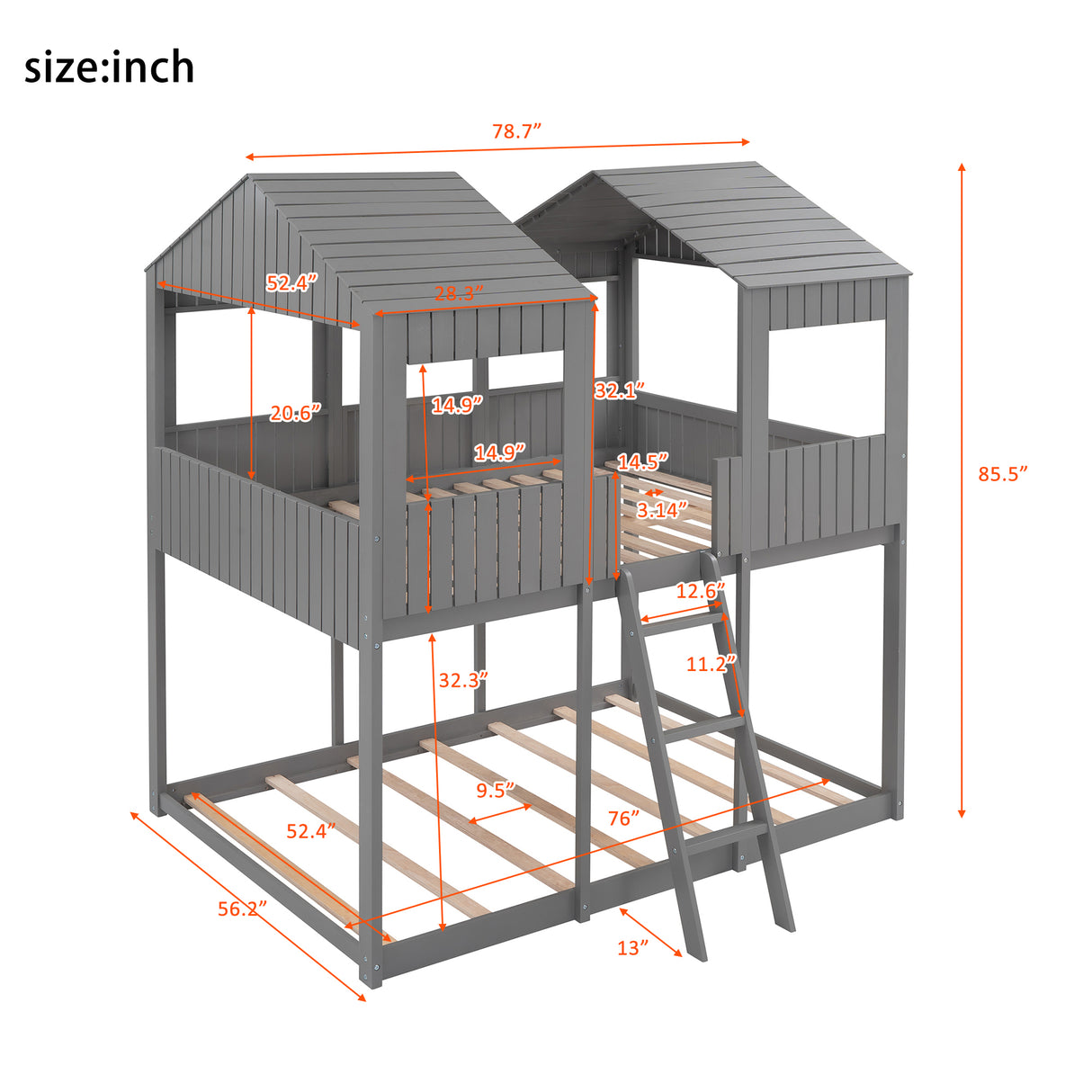 Full Over Full WoodBunk Bed with Roof, Window, Guardrail, Ladder (Gray)( old sku: LP000031AAN ) - Home Elegance USA