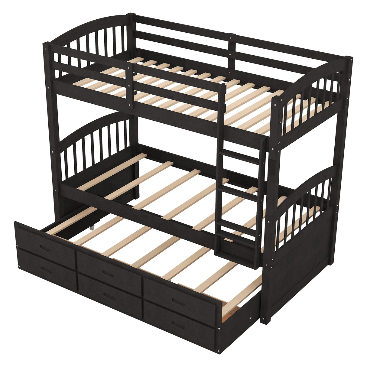 Twin over Twin Wood Bunk Bed with Trundle and Drawers, Espresso - Home Elegance USA