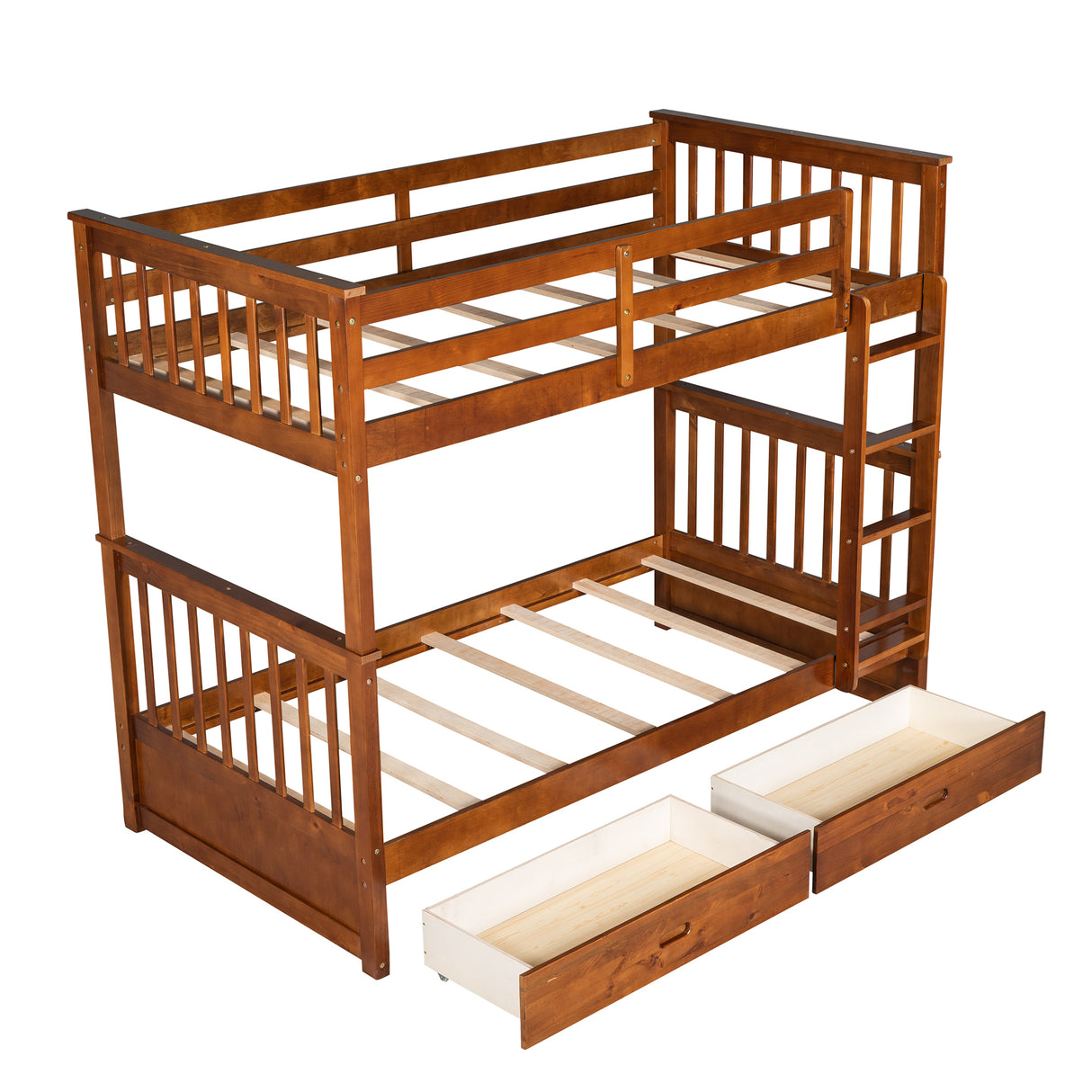 Twin-Over-Twin Bunk Bed with Ladders and Two Storage Drawers (Walnut) - Home Elegance USA