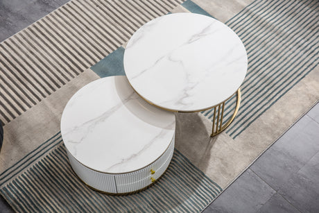 Modern Nesting MDF Coffee Table Set of 2, Round White End Table, Sintered Stone Appearance with Gold Finish Metal Base - Home Elegance USA