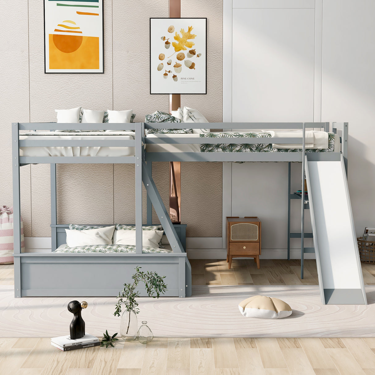 Twin over Full Bunk Bed with Twin Size Loft Bed with Desk and Slide,Full-Length Guardrail, Gray - Home Elegance USA