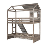 Twin Over Twin Bunk Bed with Two Storage Drawers and Slide, House-Shaped Wood Bunk Bed, Antique Gray (OLD SKU:LP000089AAE) - Home Elegance USA