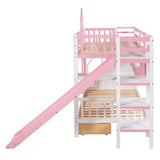 Twin-Over-Twin Castle Style Bunk Bed with 2 Drawers 3 Shelves and Slide - Pink