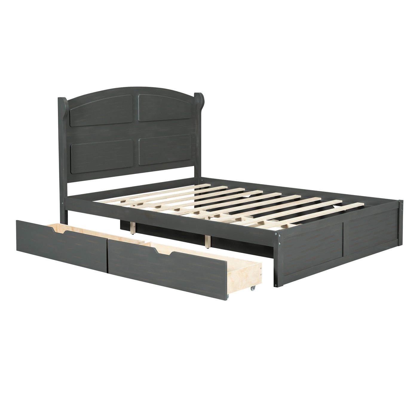 Wood Queen Size Platform Bed with Twin Size Trundle and 2 Drawers, Antique Gray(Expected Arrival Time: 9.2)