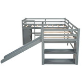 Twin Size L-Shaped Loft Bed with Movable Two-Tier Shelves and Slide,Gray - Home Elegance USA