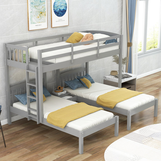 Twin over Twin & Twin Bunk Bed with Built-in Middle Drawer, Gray - Home Elegance USA