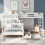 L-Shaped Twin over Full Bunk Bed and Twin Size Loft Bed with Two Storage Drawers,White - Home Elegance USA