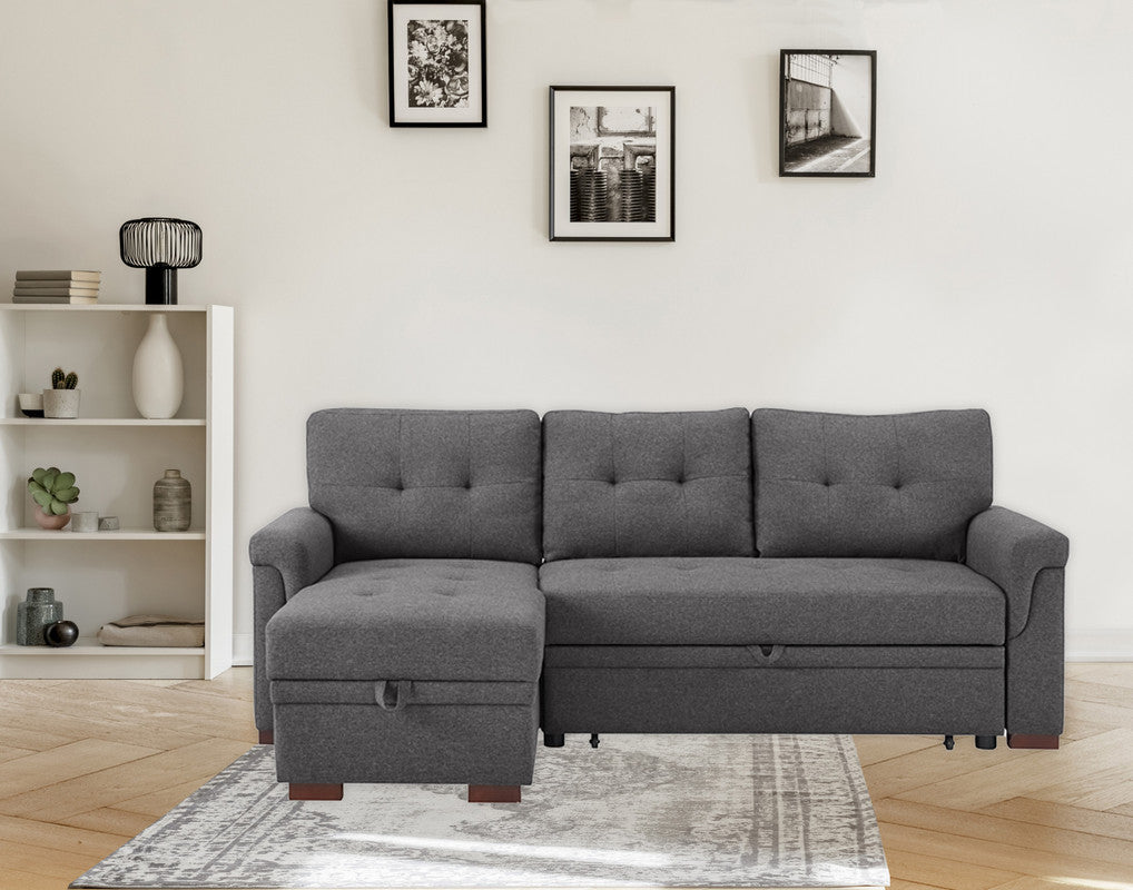 Sierra Dark Gray Linen Reversible Sleeper Sectional Sofa with Storage Chaise - Home Elegance USA