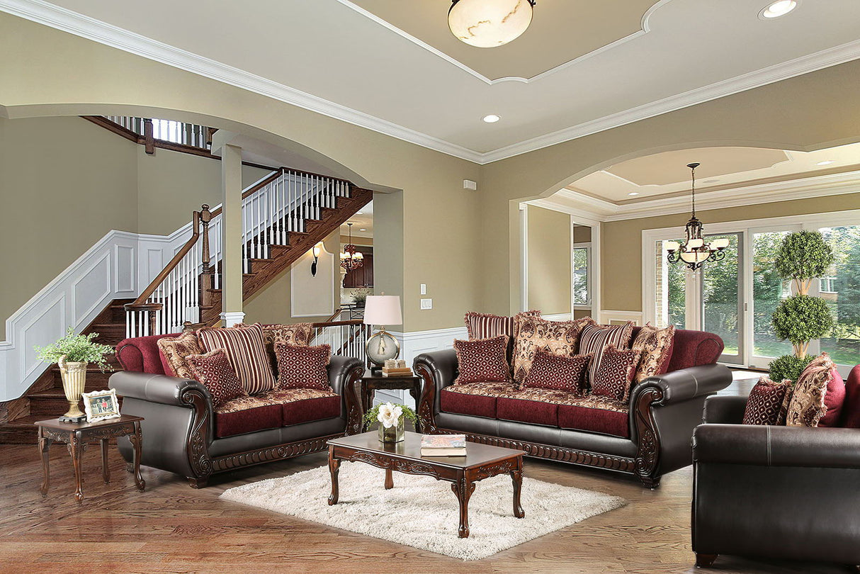 Franklin - Sofa & Loveseat - Burgundy / Espresso - Home Elegance USA