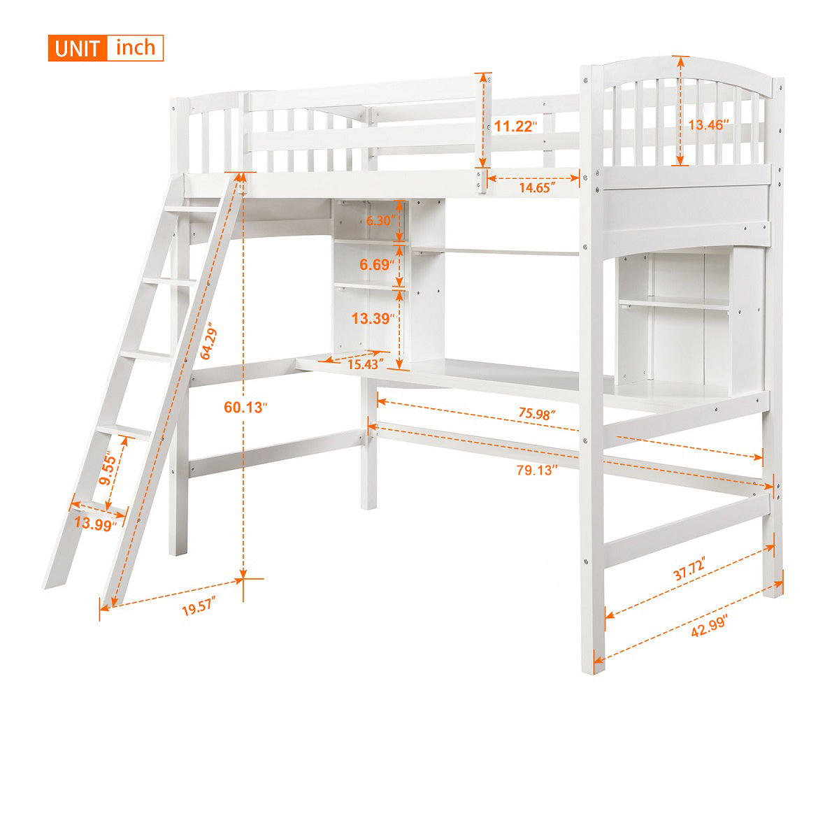 Twin size Loft Bed with Storage Shelves, Desk and Ladder, White(OLD SKU :LP000140KAA) - Home Elegance USA