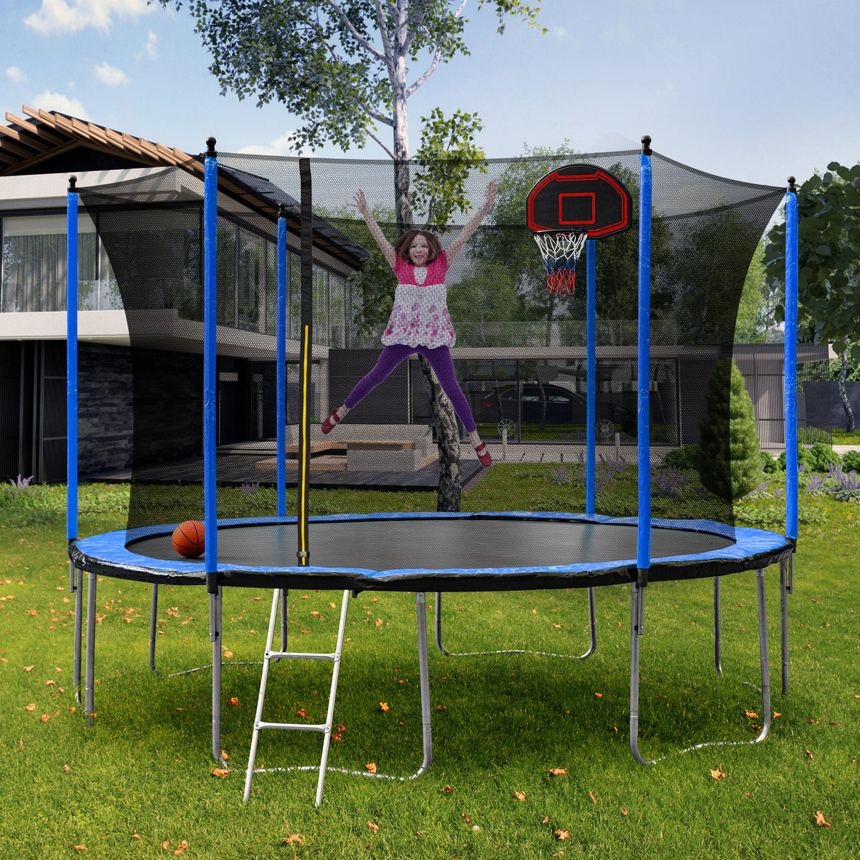 15FT Trampoline with Basketball Hoop Inflator and Ladder(Inner Safety Enclosure) Blue - W550S00009 - image - 8