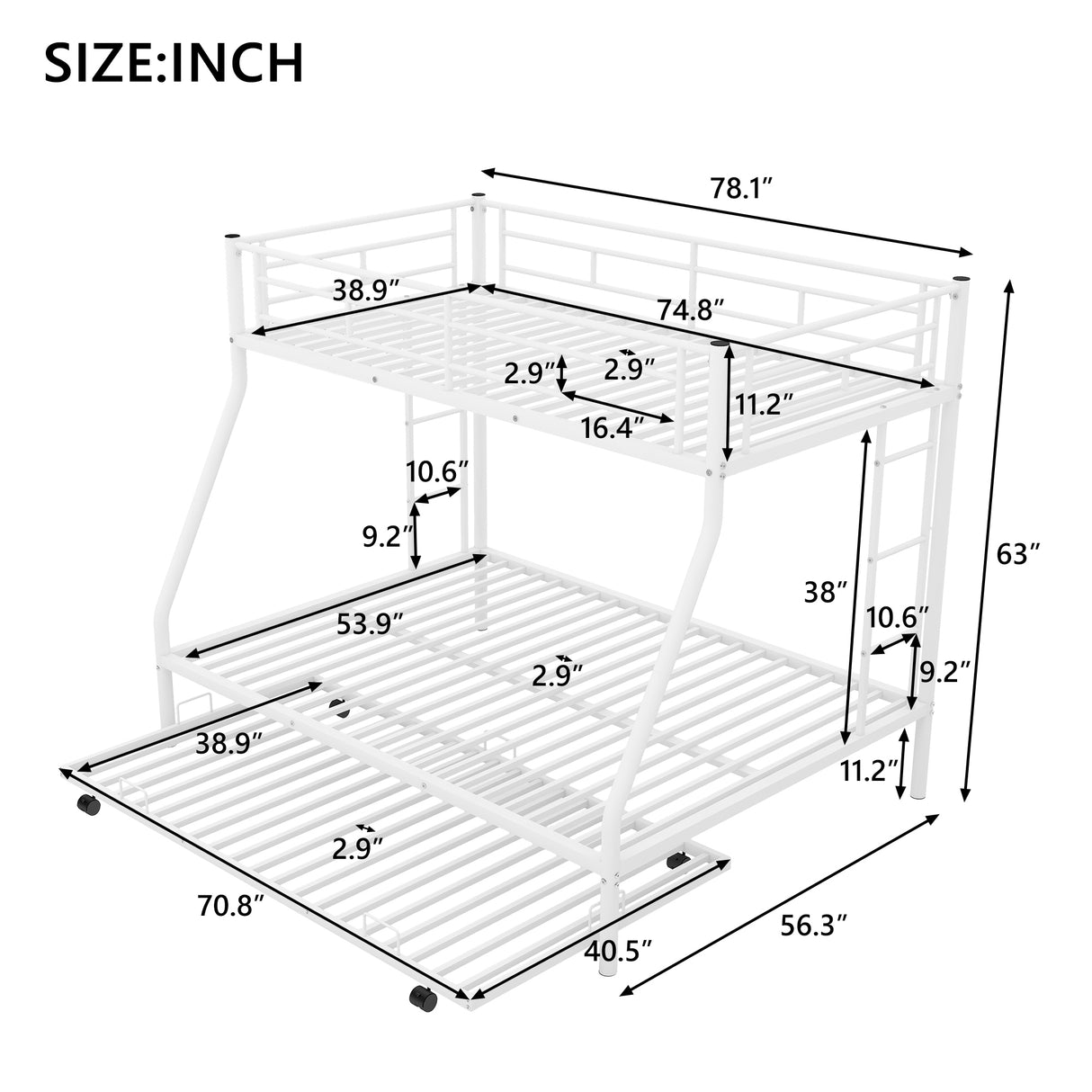 Twin over Full Bed with Sturdy Steel Frame, Bunk Bed with Twin Size Trundle, Two-Side Ladders, White(OLD SKU:MF194424AAK) - Home Elegance USA