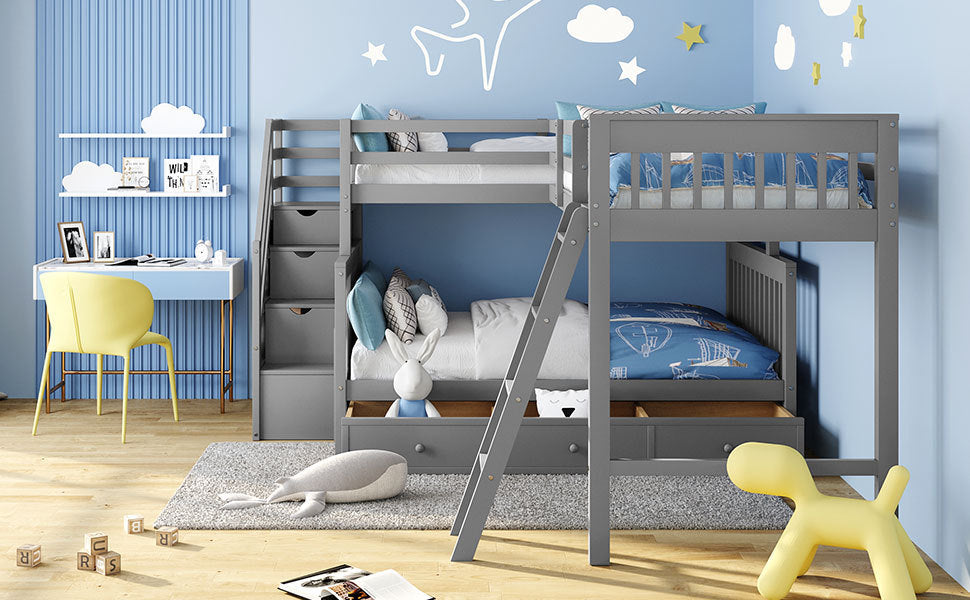 Twin over Full L-Shaped Bunk Bed With 3 Drawers, Ladder and Staircase - Gray - Home Elegance USA