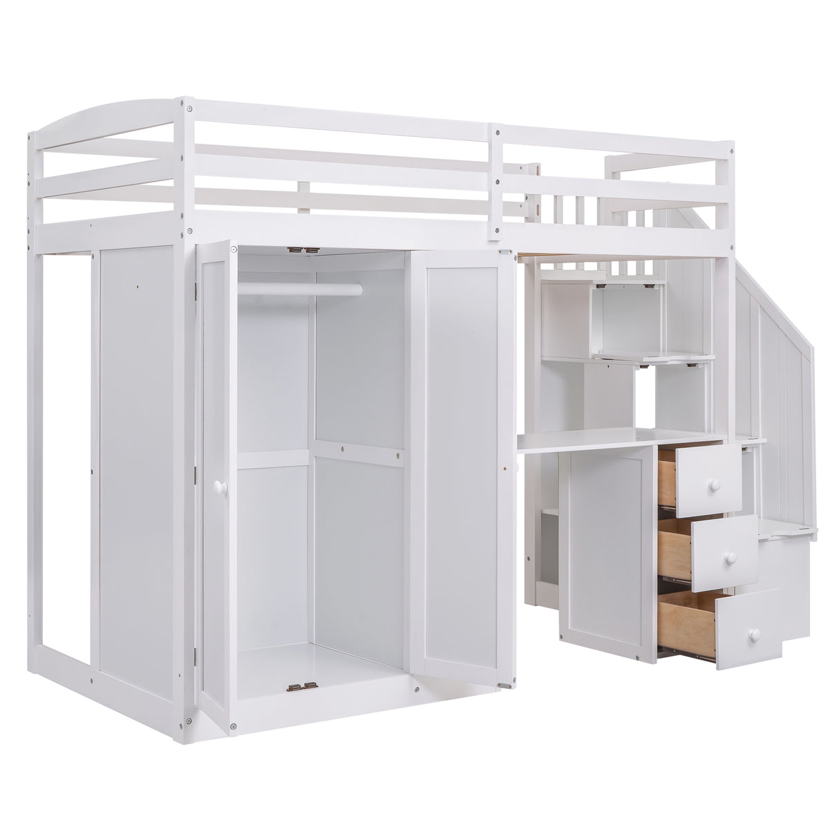 Twin Size Loft Bed with Wardrobe and Staircase, Desk and Storage Drawers and Cabinet in 1, White - Home Elegance USA