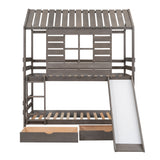 Twin over Twin Size House Bunk Bed with Convertible Slide and Two Drawers,Antique Gray - Home Elegance USA