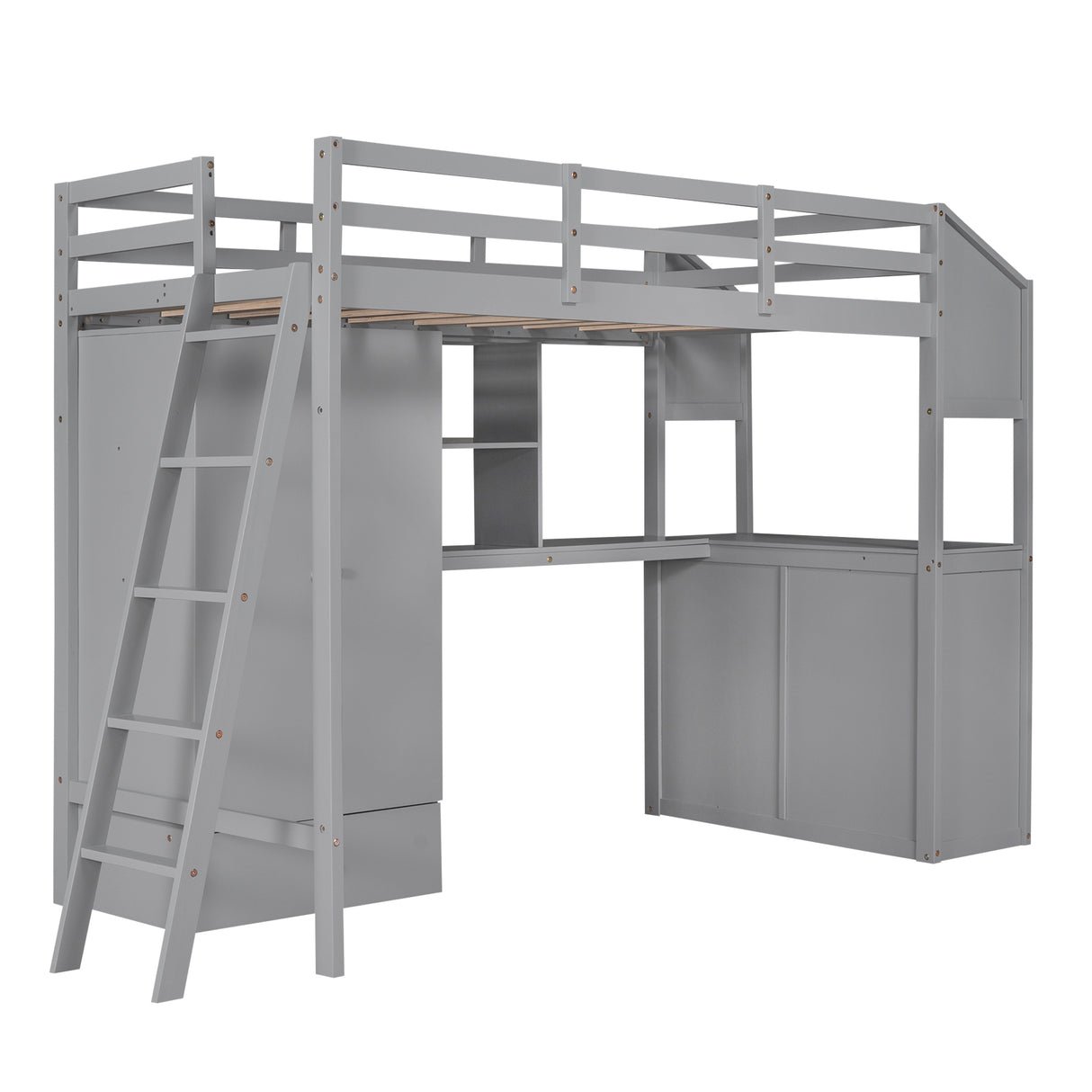 Twin Size Loft Bed with Wardrobe and Drawers, attached Desk with Shelves, Gray - Home Elegance USA