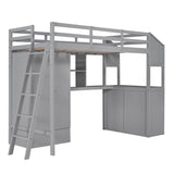 Twin Size Loft Bed with Wardrobe and Drawers, attached Desk with Shelves, Gray - Home Elegance USA