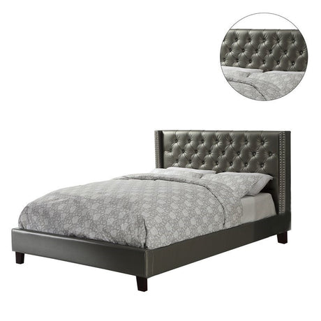 Full Size Bed 1pc  Bed Set Silver Faux Leather Upholstered Tufted Bed Frame Headboard Bedroom Furniture - Home Elegance USA